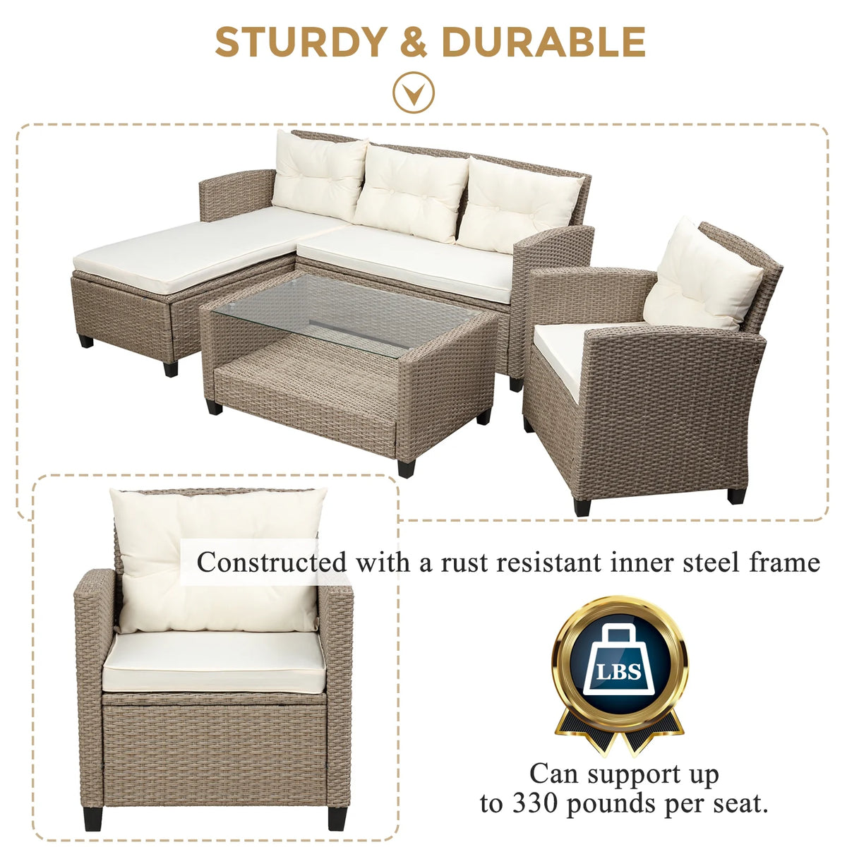 SEGMART 4 Piece Patio Furniture Set, All-Weather Outdoor Sectional Sofa Set, PE Rattan Conversation Set with Storage Box, Table & Cushions, Wicker Furniture Couch Set for Patio Deck Garden