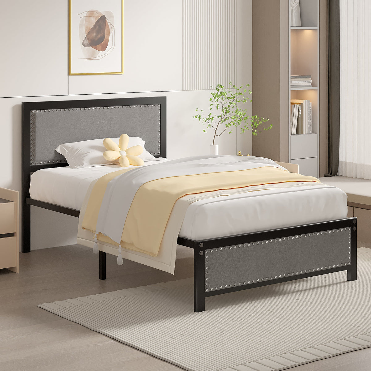 VECELO Queen Size Bed Frame Metal Platform Bed with Upholstered Headboard, No Box Spring Needed, Black