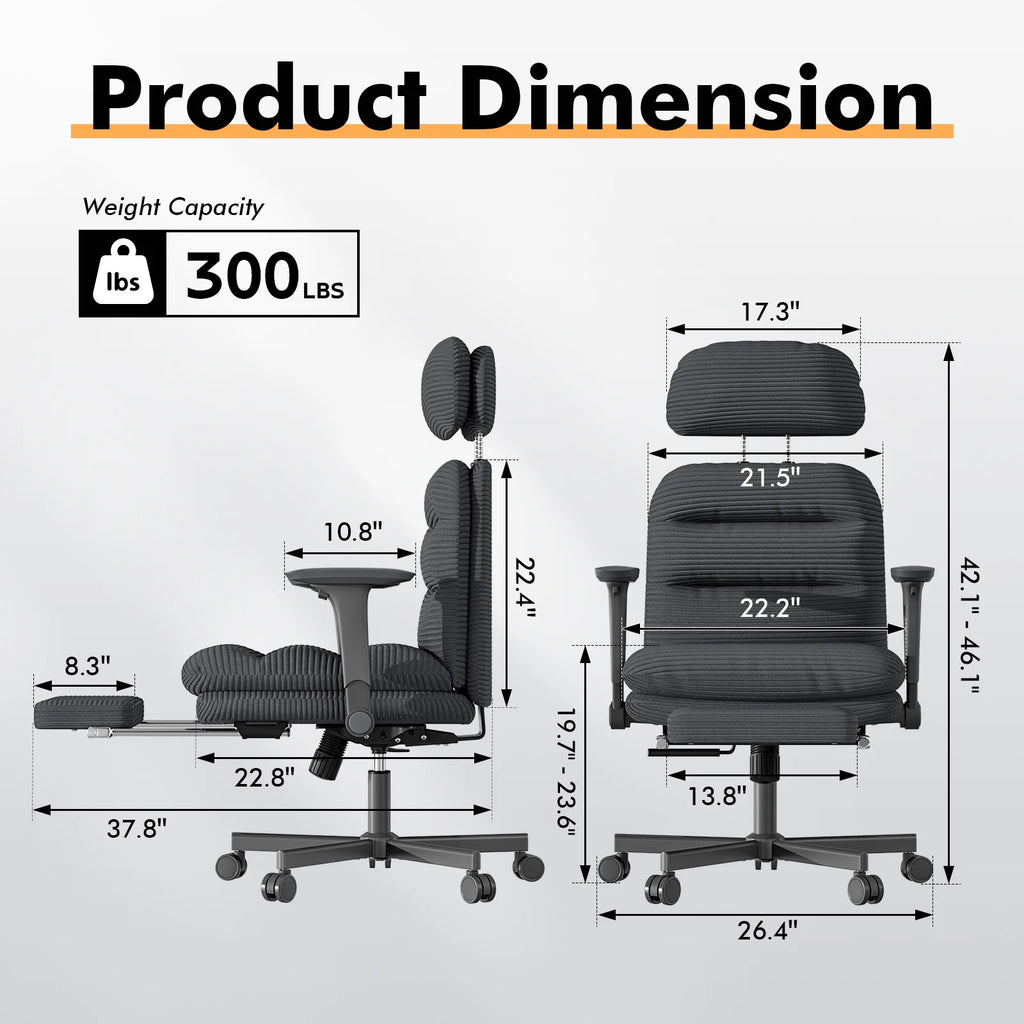 HomeZeer Ergonomic Cross-Legged Office Chair with Footrest & Headrest, Heavy Duty Executive Desk Chair with Flip-up Armrests, Corduroy Fabric Computer Criss Cross Chair for Home Office, Black