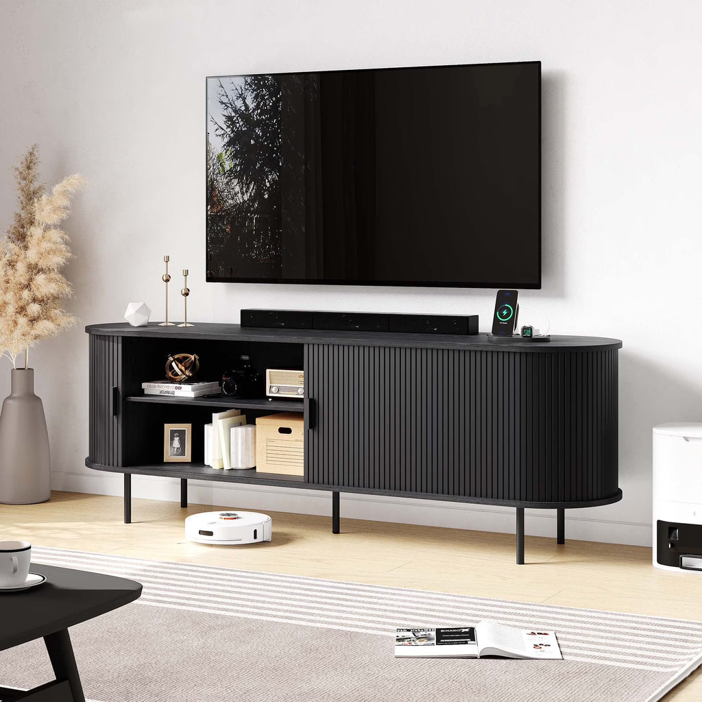 MARNUR 63" TV Stand for 70" TV, Wood Entertainment Center with Storage and Shelves, 2 Sliding Tambour Doors, Mid-Century Modern, Walnut