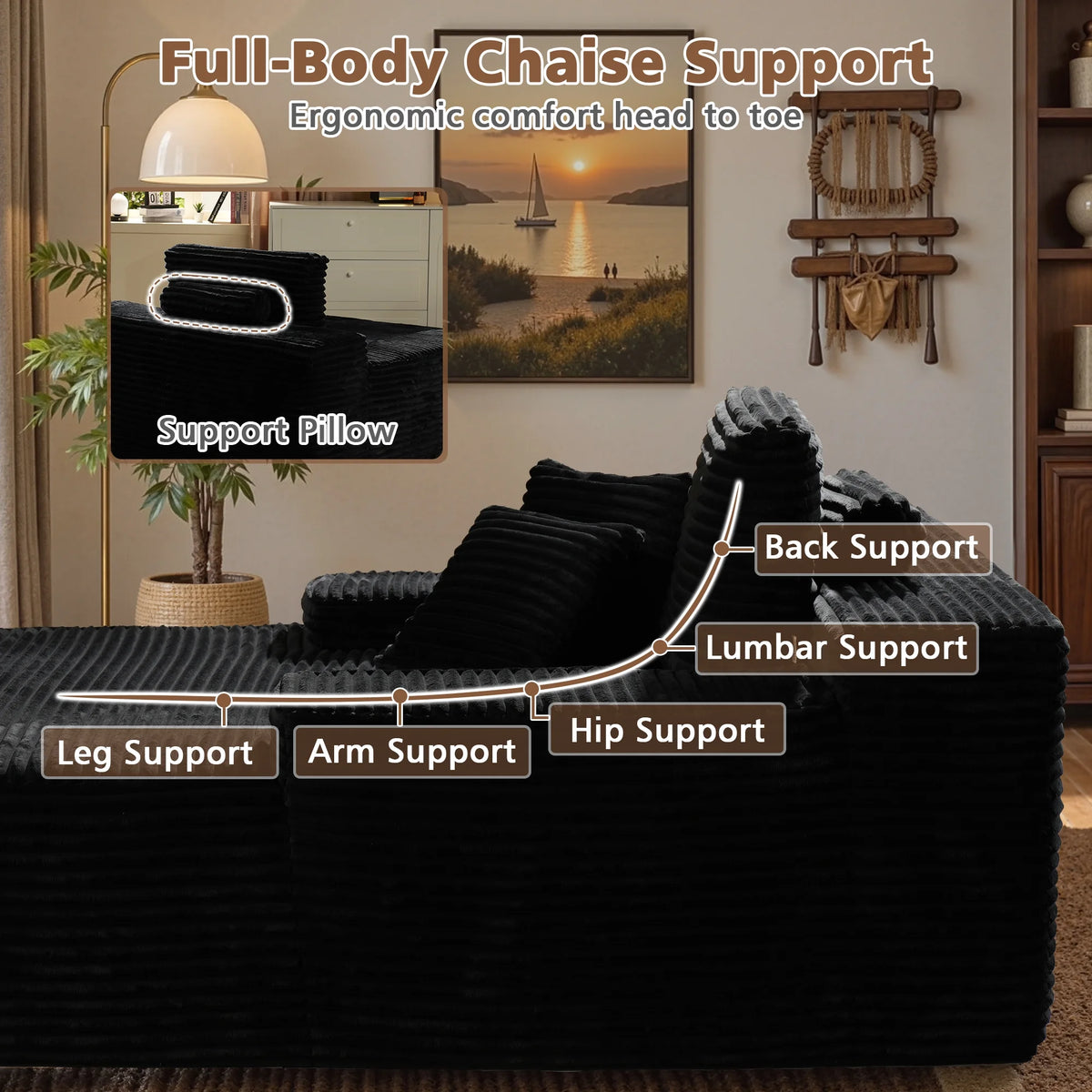 Ovios 67'' Oversized Chaise Lounge Chair Indoor Cloud Plush Corduroy Floor Sofa Bed Deep Seat No Assembly Couch for Living Room, Black
