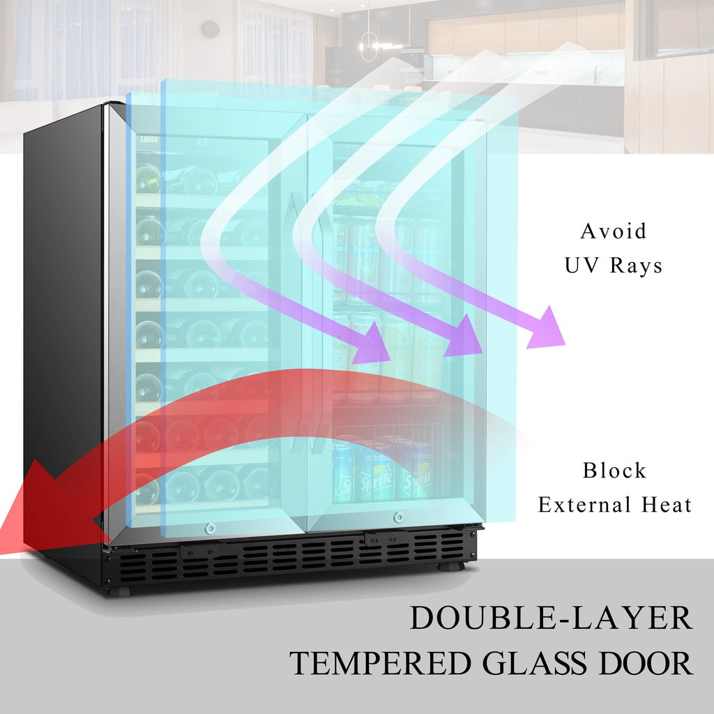 Lanbo 76 Can 31 Bottle Under Counter Dual Zone Wine Refrigerator and Beverage Cooler 30 inch Width