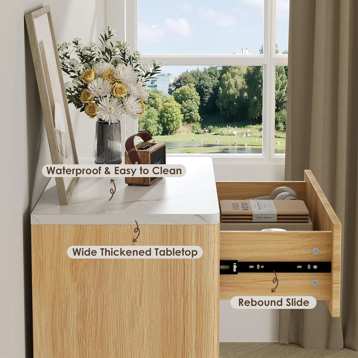 Selooye Fluted 5 Drawers Dresser, 47" Tall Modern Chest of Drawers with Faux Marble Top, Curved Profile Design, Wood Drawer Organizer for Bedroom, Living Room, Hallway, Entryway, Natural Oak
