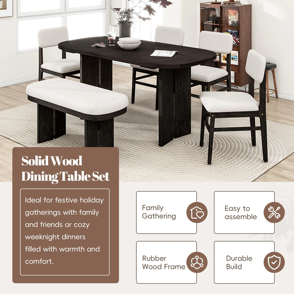EUROCO 6-Piece Dining Table Set for 6, Rectangular Kitchen Table Set with Wood Frame, 4 Chairs and 1 Bench for Kitchen Dining Room Office,Natural