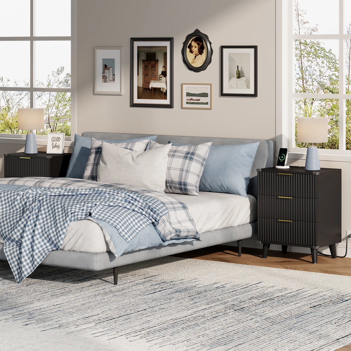 GIKPAL Night Stands for Bedroom, Modern Bedside Table with 3 Drawers & Charging Station,Fluted Panel End Tables for Bedroom  & Living Room, Natural