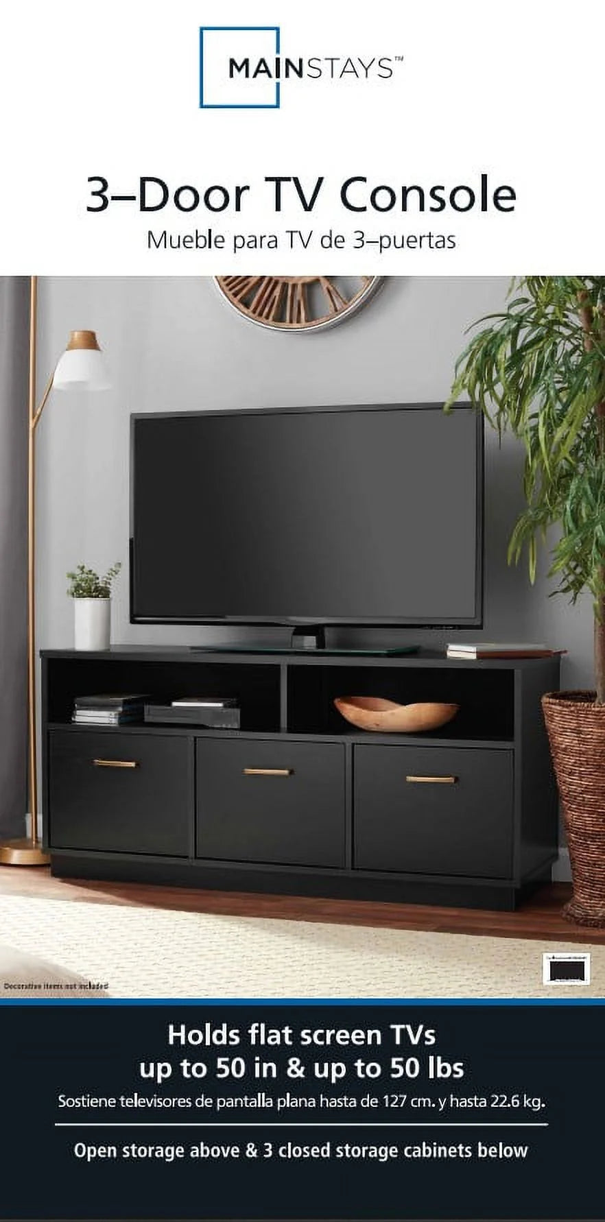 Mainstays 3-Door TV Stand Console for TVs up to 50", Blackwood Finish