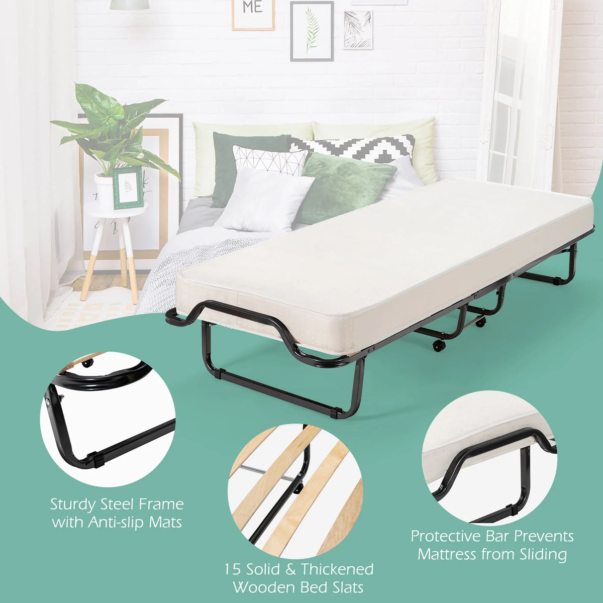 Gymax Portable Rollaway Guest Bed Folding Bed w/ Mattress Memory Foam & Dustproof Cover