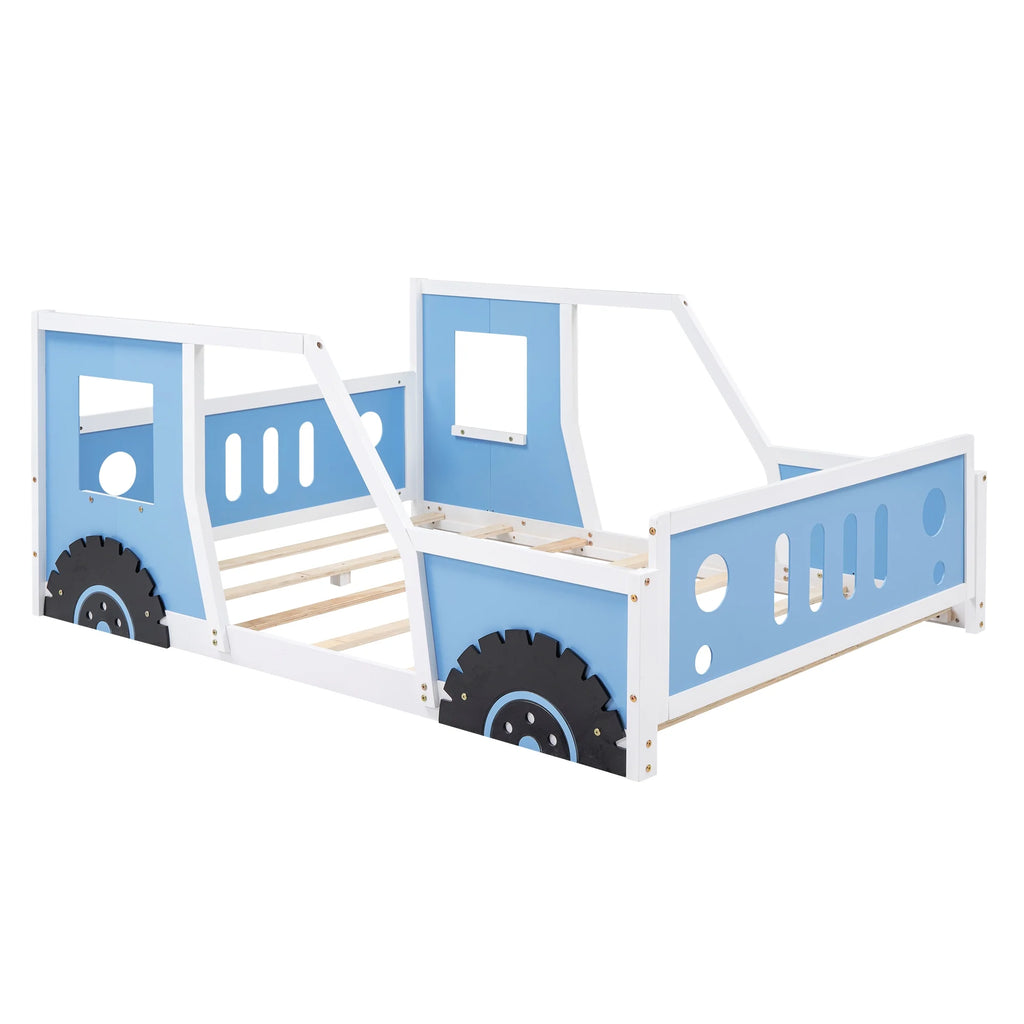 Euroco Car-Shaped Full Size Wood Platform Bed for Kids�� Bedroom, Solid Car Bed for Kids Gift, Low Profile, Blue