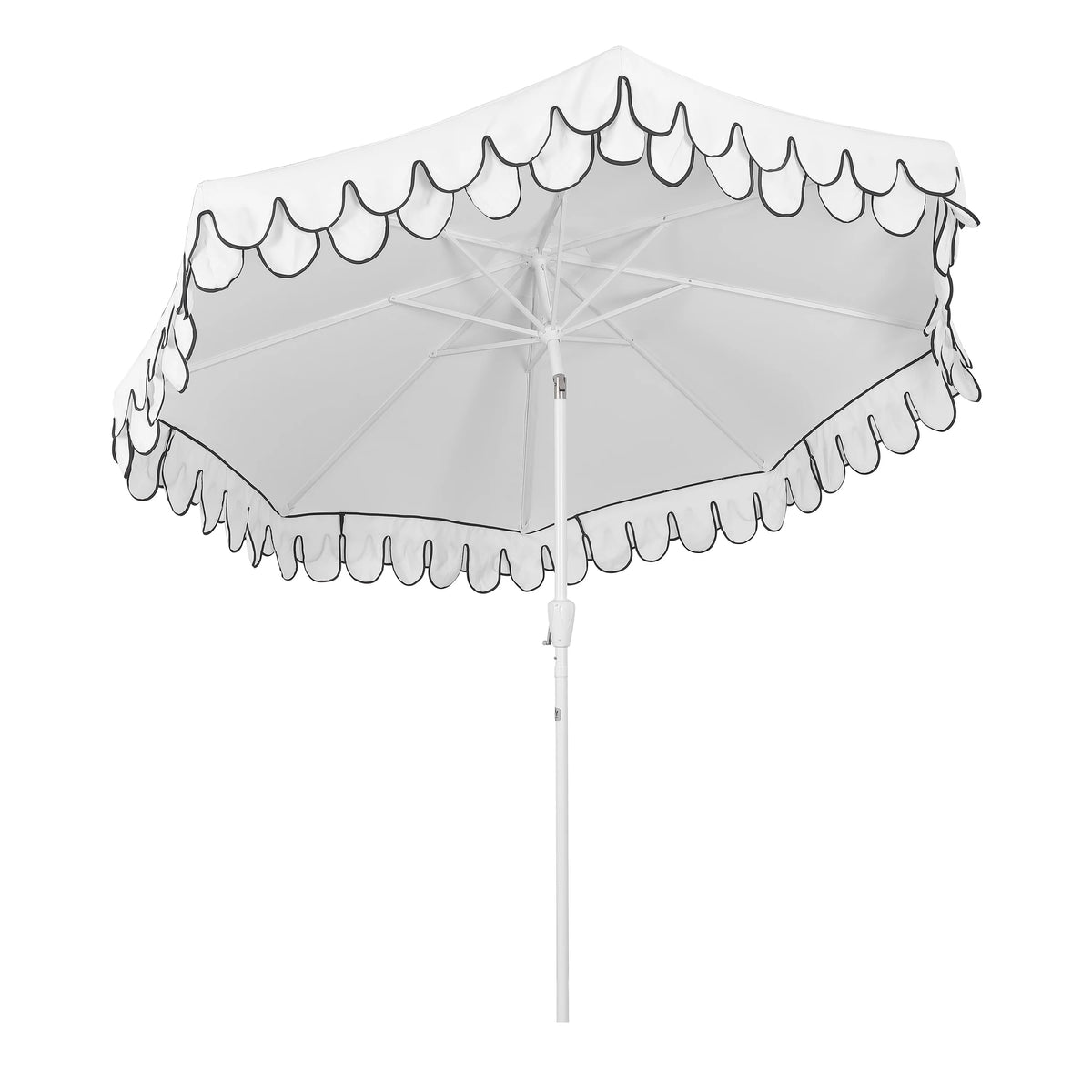 JONATHAN Y Tracy 9 ft. Market Patio Umbrella, Classic Mid-Century Scalloped Fringe, with Auto-Tilt Crank, Wind Vent and UV Protection, Coral Pink/White, Dark Brown Pole