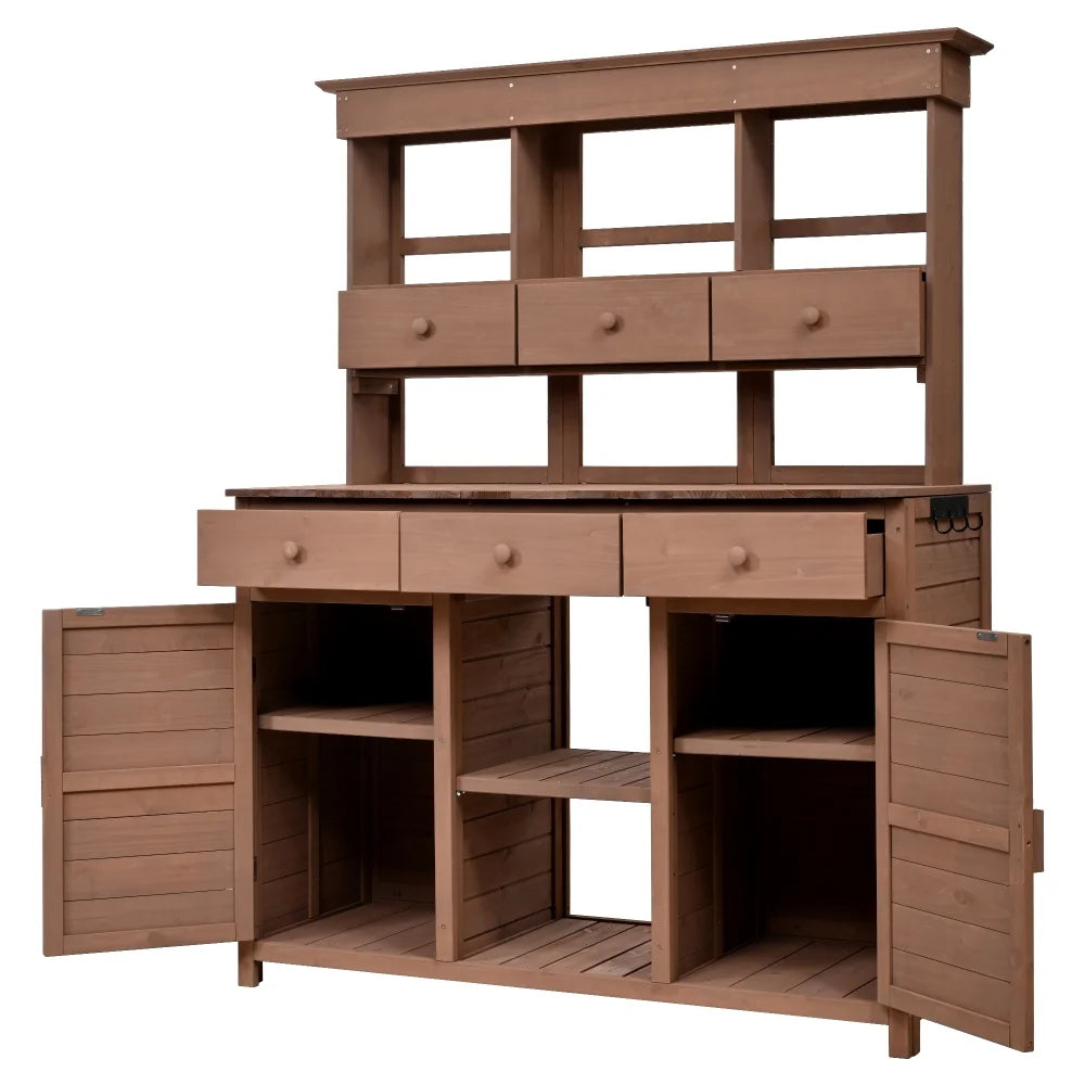 Rustic 65.7'' Tall Garden Potting Bench Table with Hutch, 3 Shelves, 6 Drawers, 2 Cabinets & 3 Side Hooks for Mudroom, Patio, 3 Color
