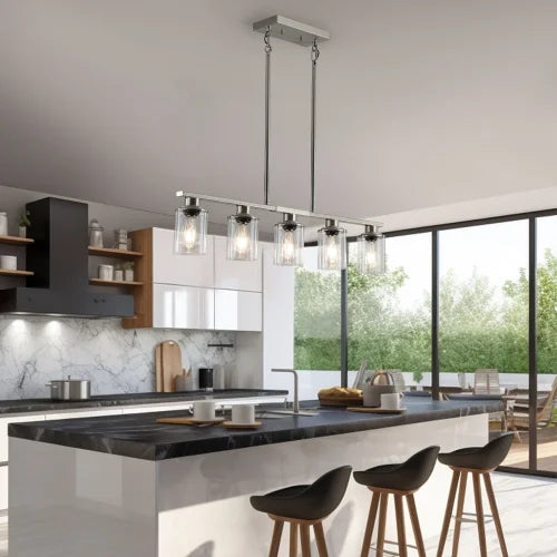 ACE-LIGHTS,Modern Industrial 5-Light Chandelier with Clear Glass Shades(Bulbs Not Included),Hanging Ceiling Light Fixture for Living Room,Dining Room,Kitchen Island(Black)