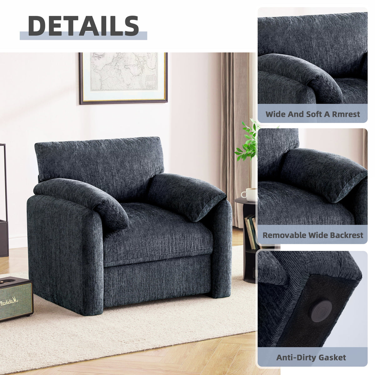 Chenille Oversized Armchair, 38.6" Wide Accent Chairs for Living Room & Bedroom Modern Lounge Chair, Upholstered Mid-Century Reading Chair, Comfy Living Room Chair, Single Sofa Chair, Beige