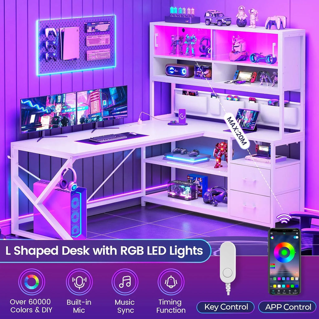 L Shaped Computer Desk with 2 Drawer and Bookshelf, L Shaped Gaming Desk with LED Light, Black