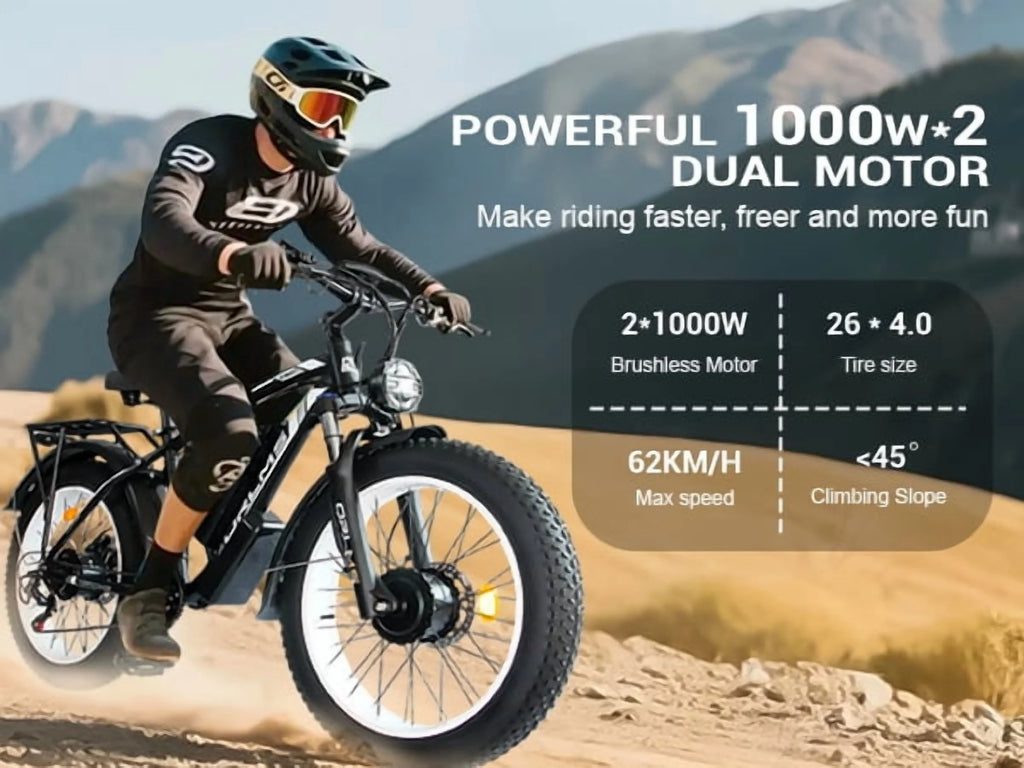 60V 25AH Battery Electric Bike for Adults,5000W Peak Dual Motor Ebike,AWD 21-Speed 50MPH Mountain Snow E-Bike with 26" x 4.0 Fat Tire, Long Range Mountain Dirt Bike for Off-Road Snow Sand