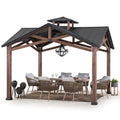 Sunjoy 12.5 x 12.5 ft. Hardtop Gazebo Outdoor Cedar Frame Wood Gazebo with Steel 2-Tier Hardtop Roof and Ceiling Hook