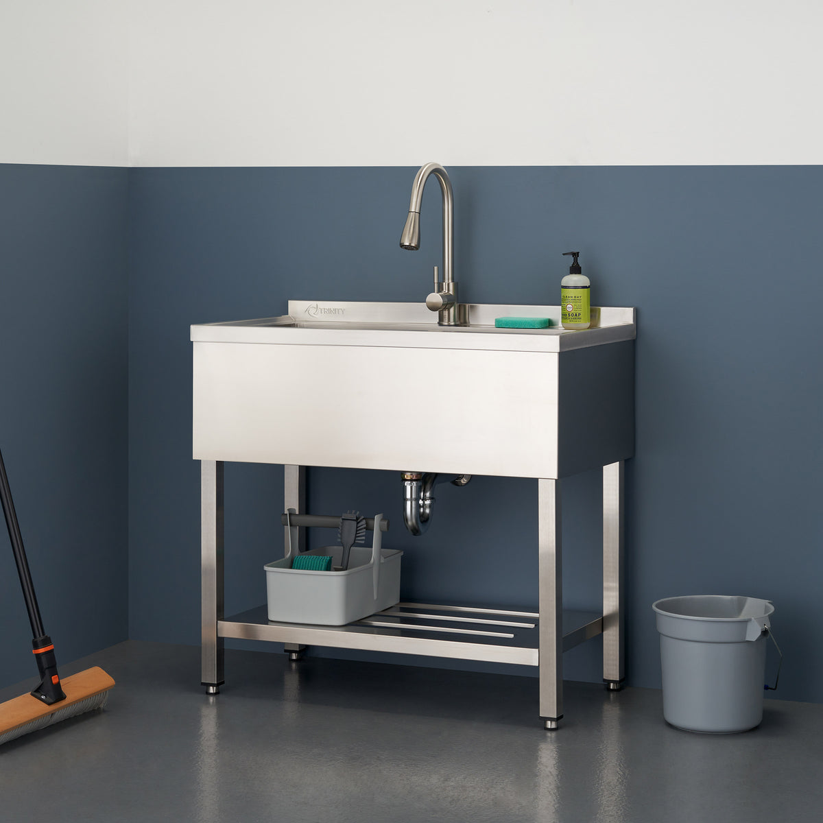 TRINITY 30' x 14' Basin Stainless Steel Utility Sink with Pull-down Faucet