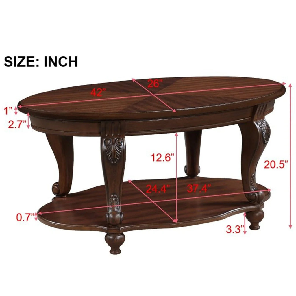 42" Oval Coffee Table with Storage Shelf, 2-Tier Solid Wood Cocktail Tea Table, Traditional Retro Center Table for Living Room, Bearing 400LBS, Cherry