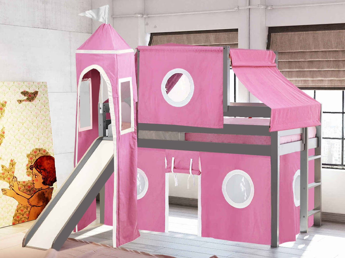 JACKPOT! Castle Low Loft Bed with Slide, Red Yellow and Blue Tent and Tower, Twin, Cherry