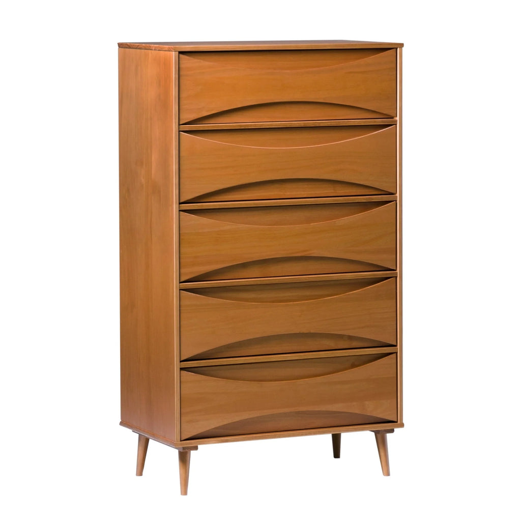 Walker Edison 30” Mid-Century Modern Curved Front 5-Drawer Dresser, Caramel