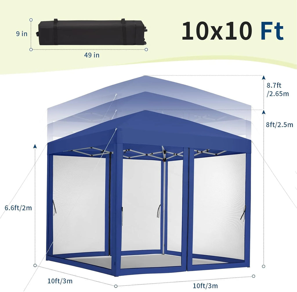 Instant Pop-Up Canopy Tent with Removable Mosquito Net & 2 Zipper Doors, 90-Second Setup, UV50+/Waterproof, 64-100 Sq Ft Shade, Wheeled Carry Bag for Camping, Backyard, Picnic
