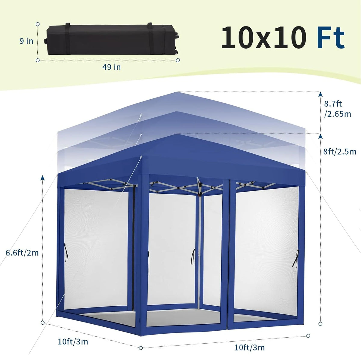 Instant Pop-Up Canopy Tent with Removable Mosquito Net & 2 Zipper Doors, 90-Second Setup, UV50+/Waterproof, 64-100 Sq Ft Shade, Wheeled Carry Bag for Camping, Backyard, Picnic