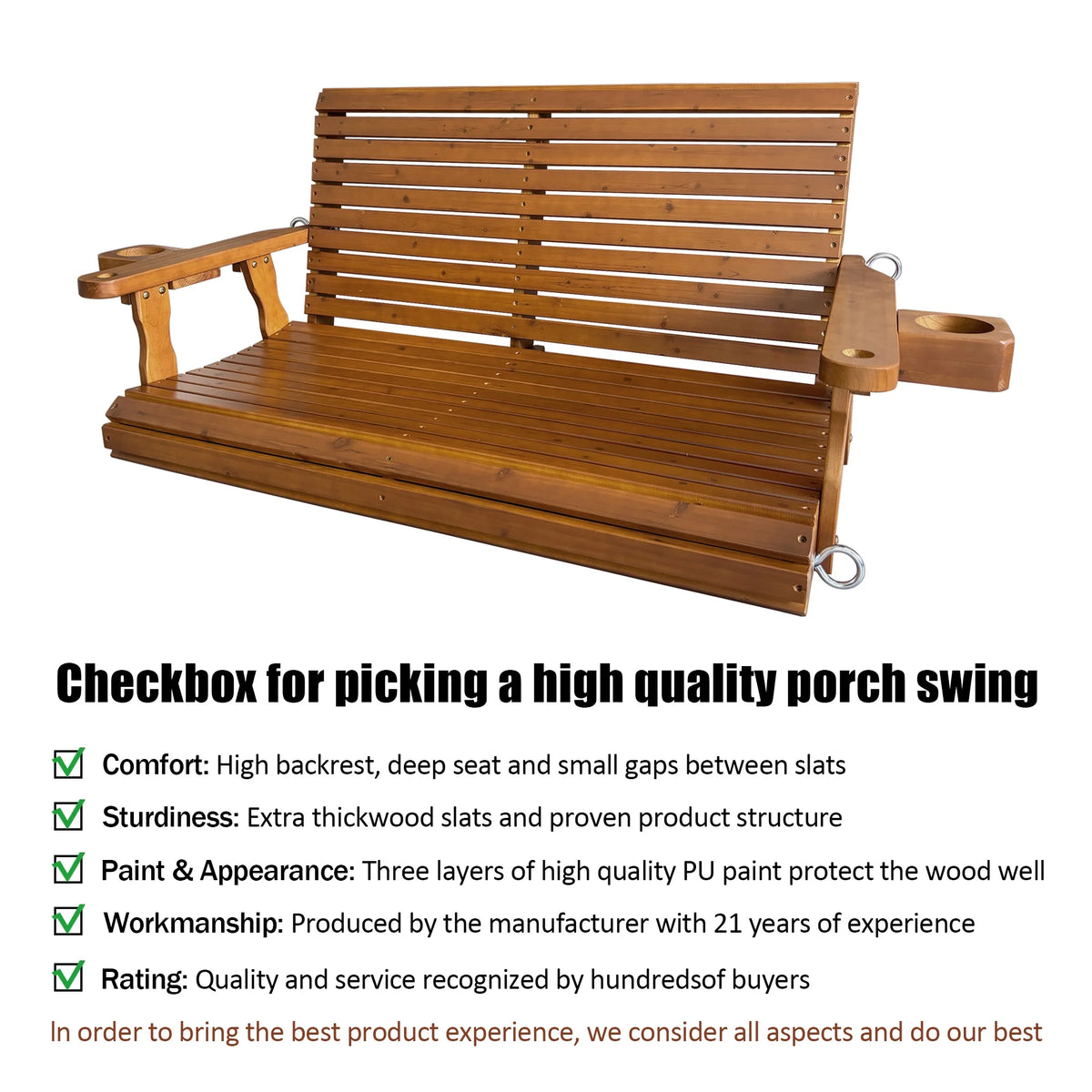 Fortune Candy 3 Person Outdoor Wood Hanging Swing, Heavy Duty 880 lbs Wood Porch Swing, Brown-5ft