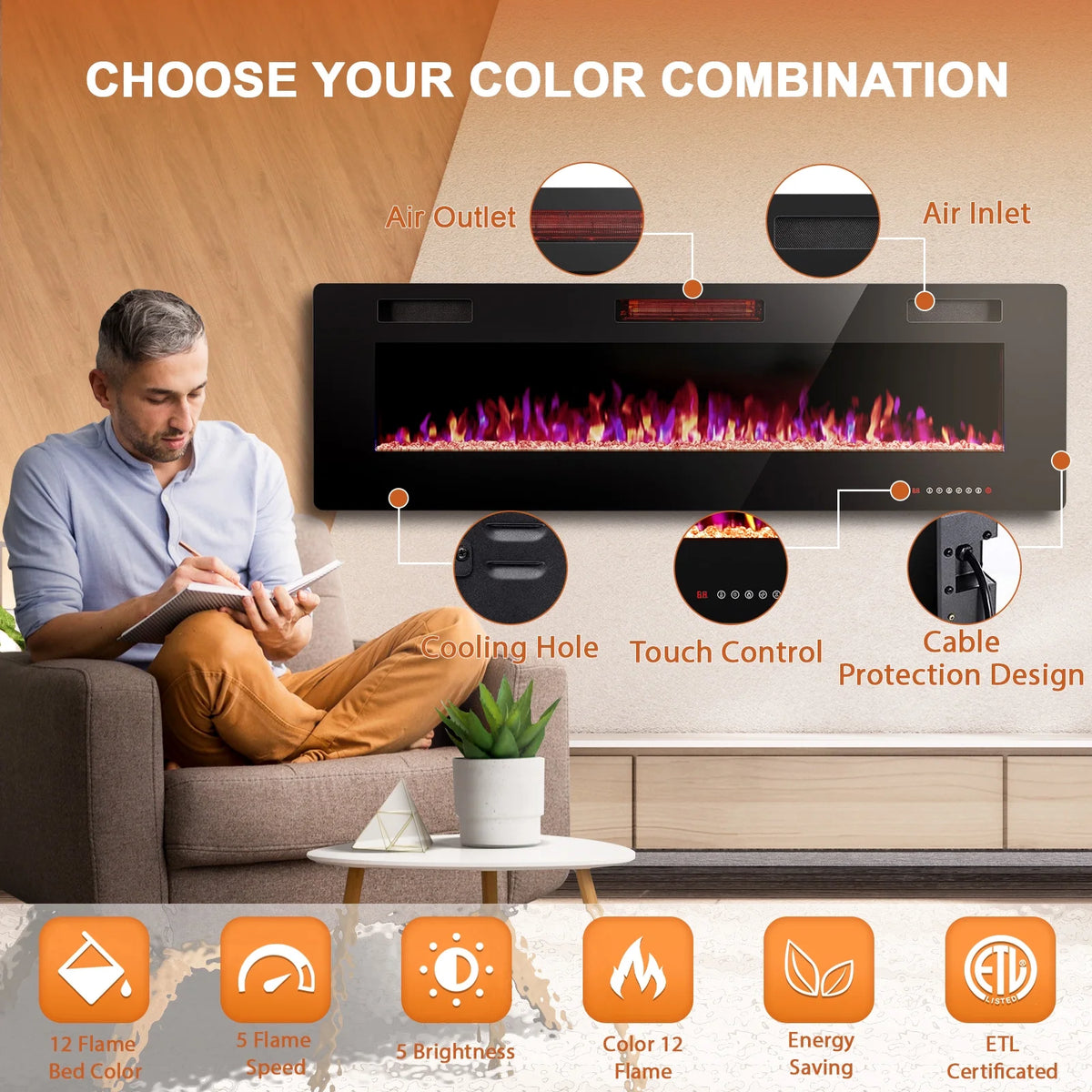 KISSAIR 60�� Indoor Electric Fireplace Ultra Thin Fireplace, Wall Mounted Recessed Fireplace with Multiple Colors