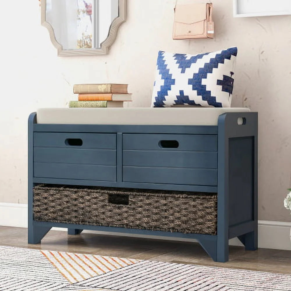 Solid Wood Storage Bench, Narrow Entryway Bench with 2 Drawers and Removable Basket, Classic Accent Shoe Bench with Storage and Removable Cushion for Hallway Living Room, Fully Assembled, Navy