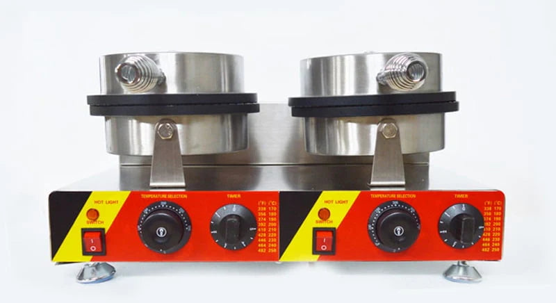 Electric Ice Cream Cone Maker Machine Double Station Baker for Round Cone Waffle Crispy Pancake Cooking