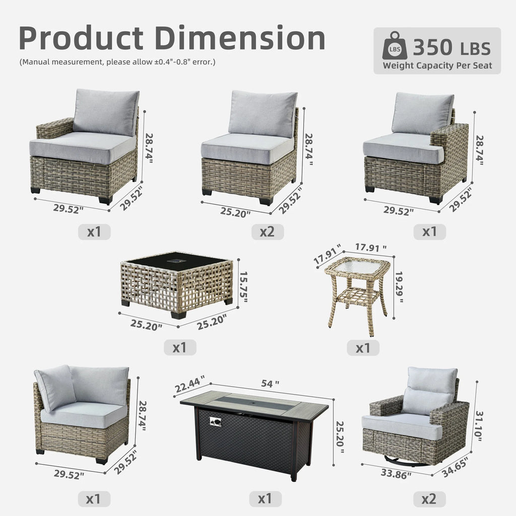 Ovios 10 Pieces Outdoor Patio Furniture Modern High-Back All-Weather Wicker Sectional Conversation Set with Propane Fire Pit Table & Swivel Chair, Dark Gray