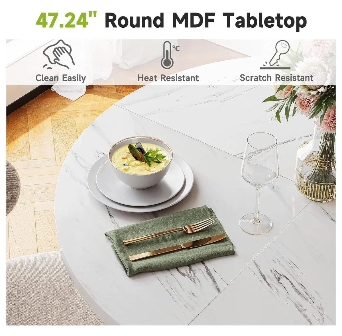 Round Dining Table, 47.24 Inch Kitchen Table for 4-6 People, Wooden Faux Marble Dinner Room Table with Base, Circle Modern Small Table for Home Dining Room Kitchen Restaurant (White) White and Gold