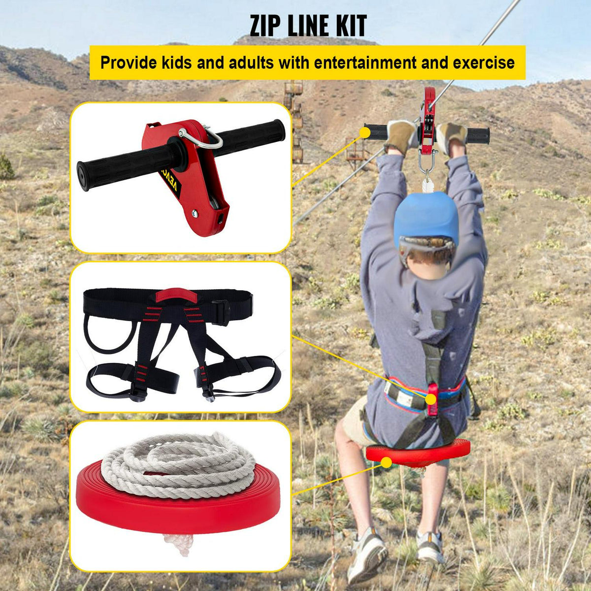 VEVOR Zip line Kits for Backyard 40ft. Zip Lines for Kid and Adult. Included Swing Seat. Zip Lines Brake. and Steel Trolley. Outdoor Playground Equipment