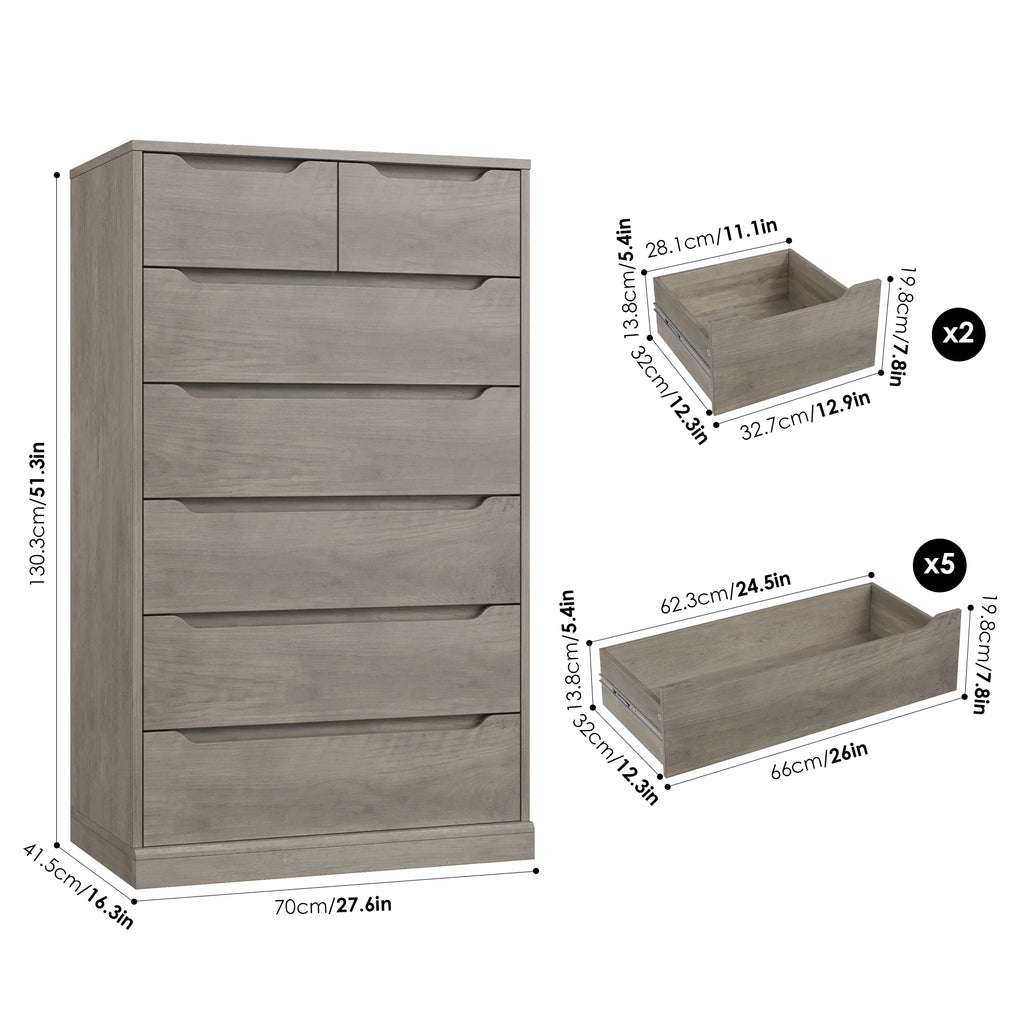 Homfa 7 Drawer White Dresser, 51.3"H Wood Storage Cabinet with Upgraded Stable Base, Vertical Chest for Bedroom Living Room