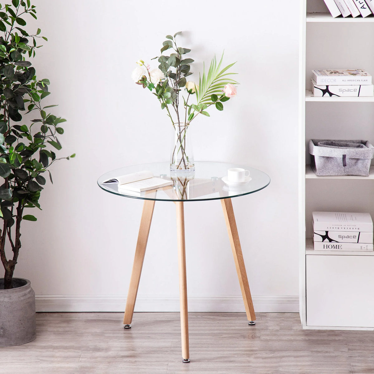 Ivinta Modern Round Glass Home Kitchen Small Dining Table Brown Oak Legs 31.5 inch