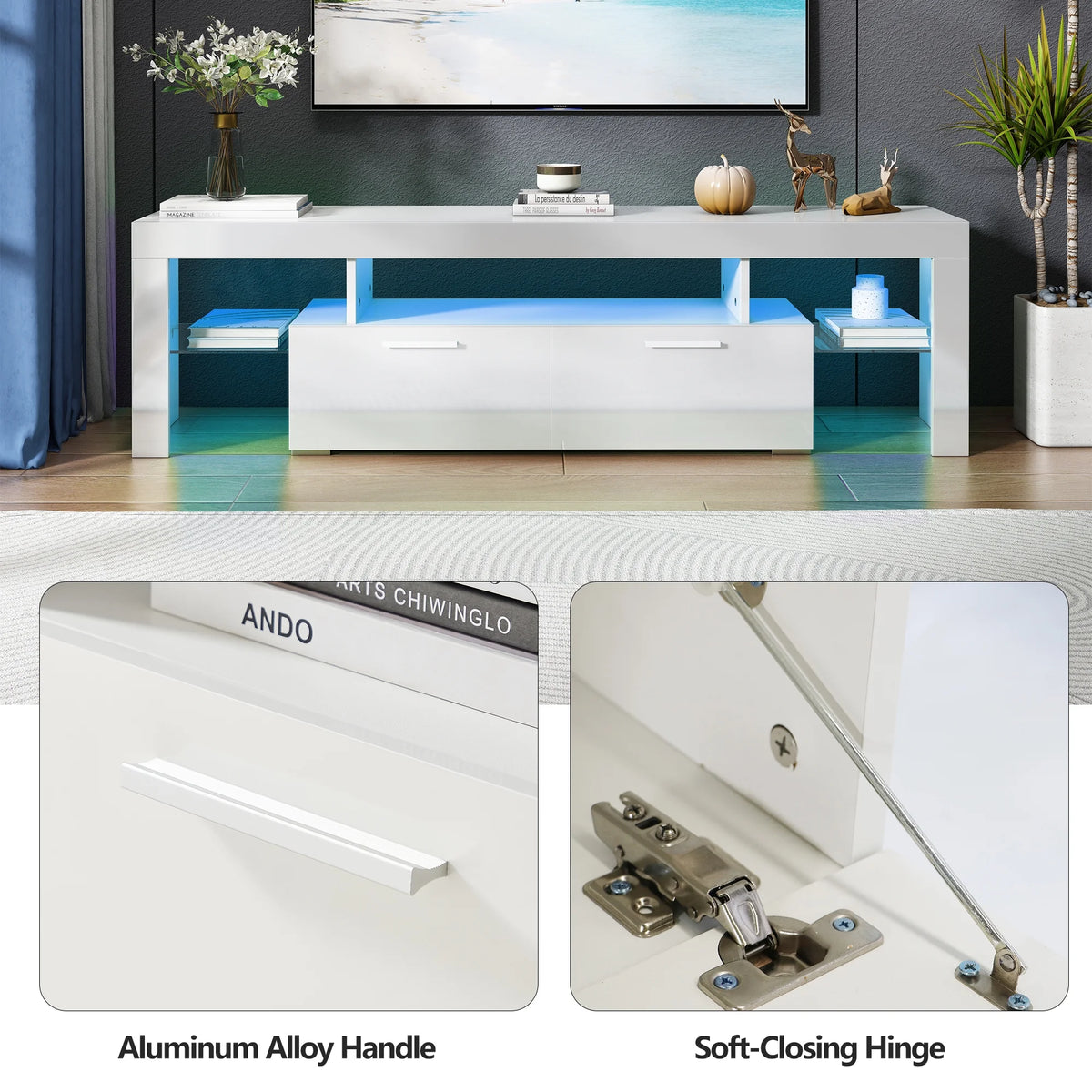 UHOMEPRO TV Stand for TV up to 70", Living Room Entertainment Center with RGB LED Lights and Storage Shelves Furniture, White High Gloss TV Cabinet Console Table