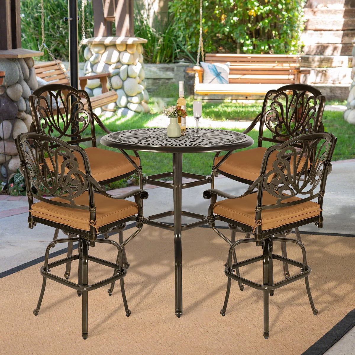 VIVIJASON 35.2" Patio Height Bar Table, All-Weather Cast Aluminum Bar Bistro Table Outdoor Patio Round Dining Table with Umbrella Hole for Balcony, Lawn, Garden, Backyard, Antique Bronze