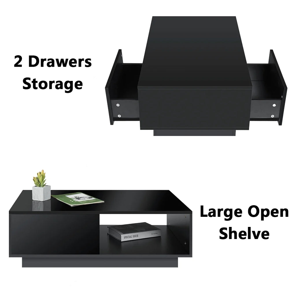Hommpa LED Coffee Table Modern Side Tables High Gloss Black Cocktail Table with 2 Drawers Open Shelf for Living Room