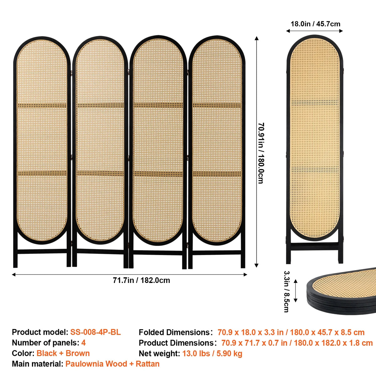 KFFKFF Quadruple Panel Space Separator, Artisan-Crafted Rattan Foldable Privacy Barriers with Connectors, Movable Space Partitions, Timber Independent Room Splitter for Sleeping Quarters, Cocoa