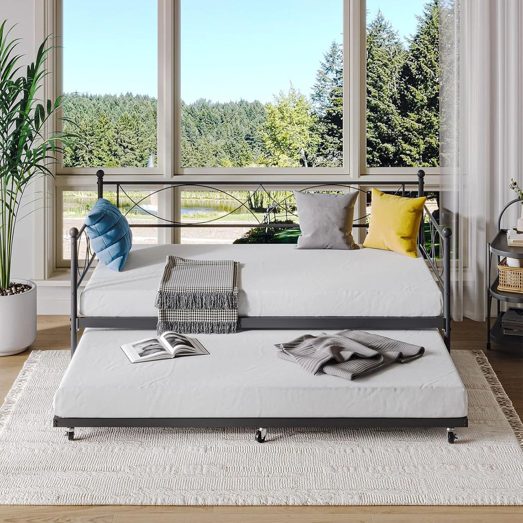 Senfot Twin Daybed with Trundle, Pull Out Trundle Day Bed, Twin Mattress Foundation with Metal Slats, Modern Sofa Bed for Living Room, Bedroom, and Guest Room, Black