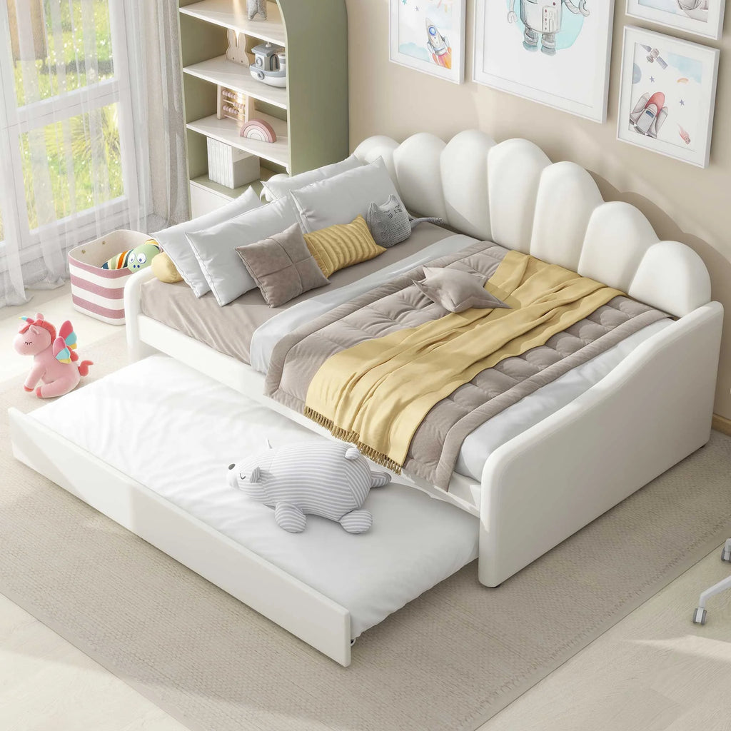 EUROCO Upholstery Full Size Platform Bed, Upholstered Daybed with Headboard and Trundle, Beige