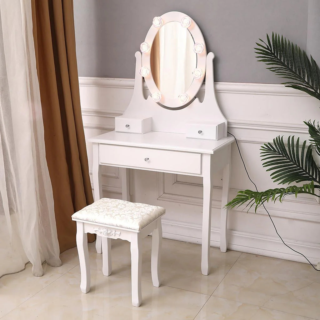 Ktaxon Makeup Vanity Table Set Mirror with LED Lights Dressing Table and Stool Set,Bedroom Vanities Tables with Benches