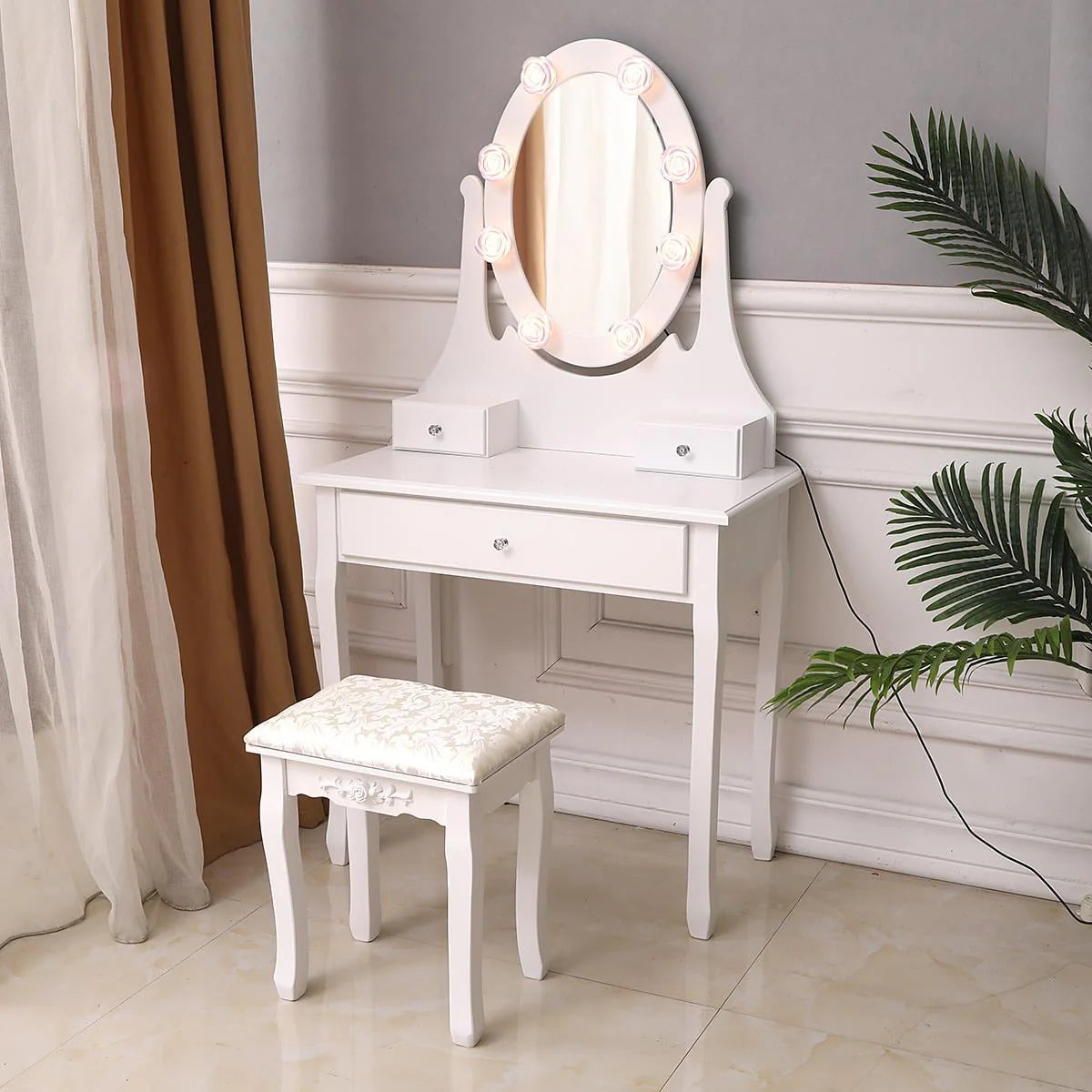 Ktaxon Makeup Vanity Table Set Mirror with LED Lights Dressing Table and Stool Set,Bedroom Vanities Tables with Benches