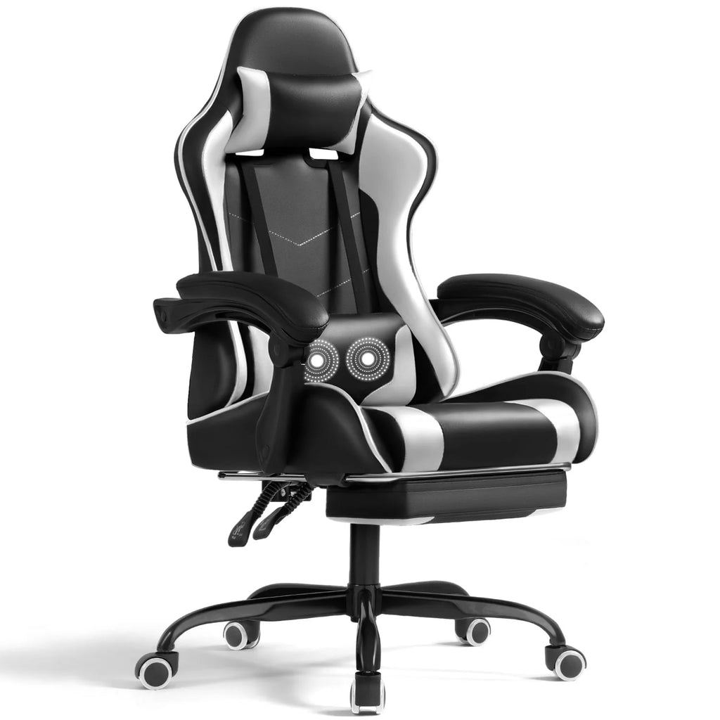 Lacoo PU Leather Gaming Chair Massage Ergonomic Gamer Chair Height Adjustable Computer Chair with Footrest & Lumbar Support, White