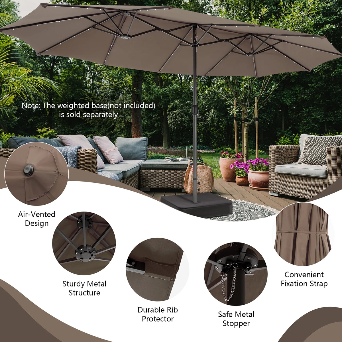 Costway 15FT Twin Patio Double-Sided Umbrella 48 Solar LED Lights Crank Outdoor Beige