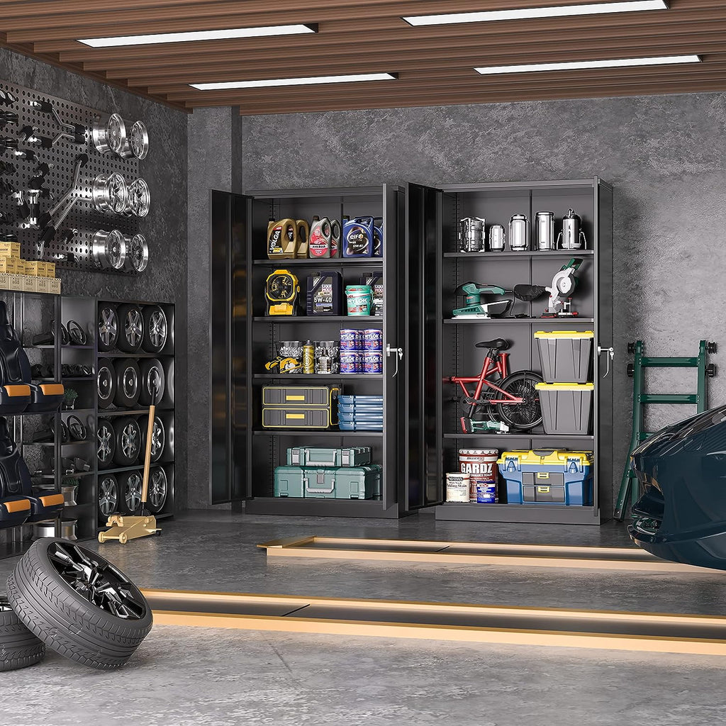 SOLAURA 72 Inches Tall Metal Garage Storage Cabinets, Lockable Storage Cabinet with Doors and Adjustable Shelves for Office, Home, Shops, Garage, Black