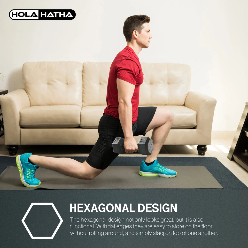 HolaHatha 10, 15, 25, 30, & 35 Pound Hexagonal Dumbbell Weight Set w/Rack