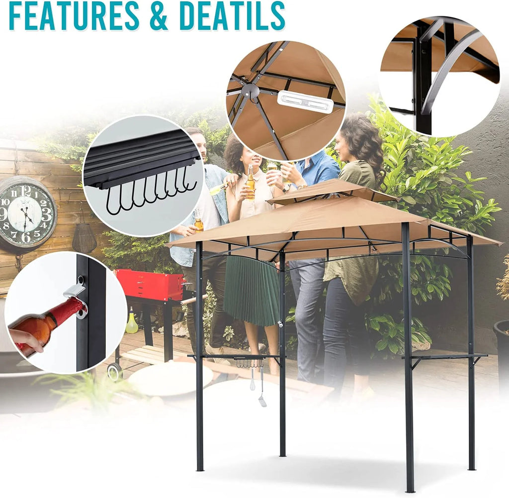 ABCCANOPY 8'x 5' Grill Gazebo Shelter, Double Tier Outdoor BBQ Gazebo Canopy with LED Light(Brown)