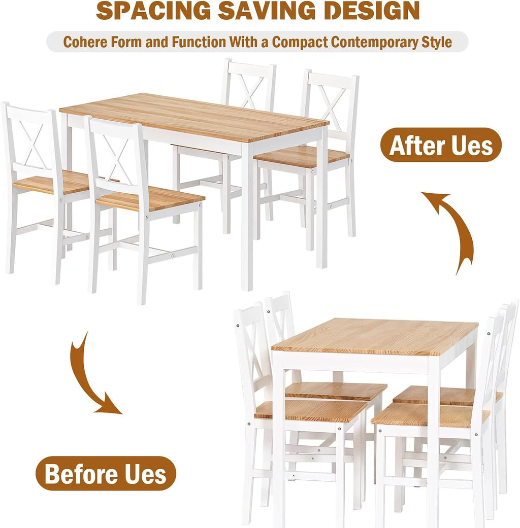 Soges 5 Pieces Dining Table Set, Pine Wood Kitchen Dining Table with 4 Chairs, Wood Rectangular kitchen table and chairs for 4, Small Dining Set for Bar Dining Room Breakfast Nook, White and Gray