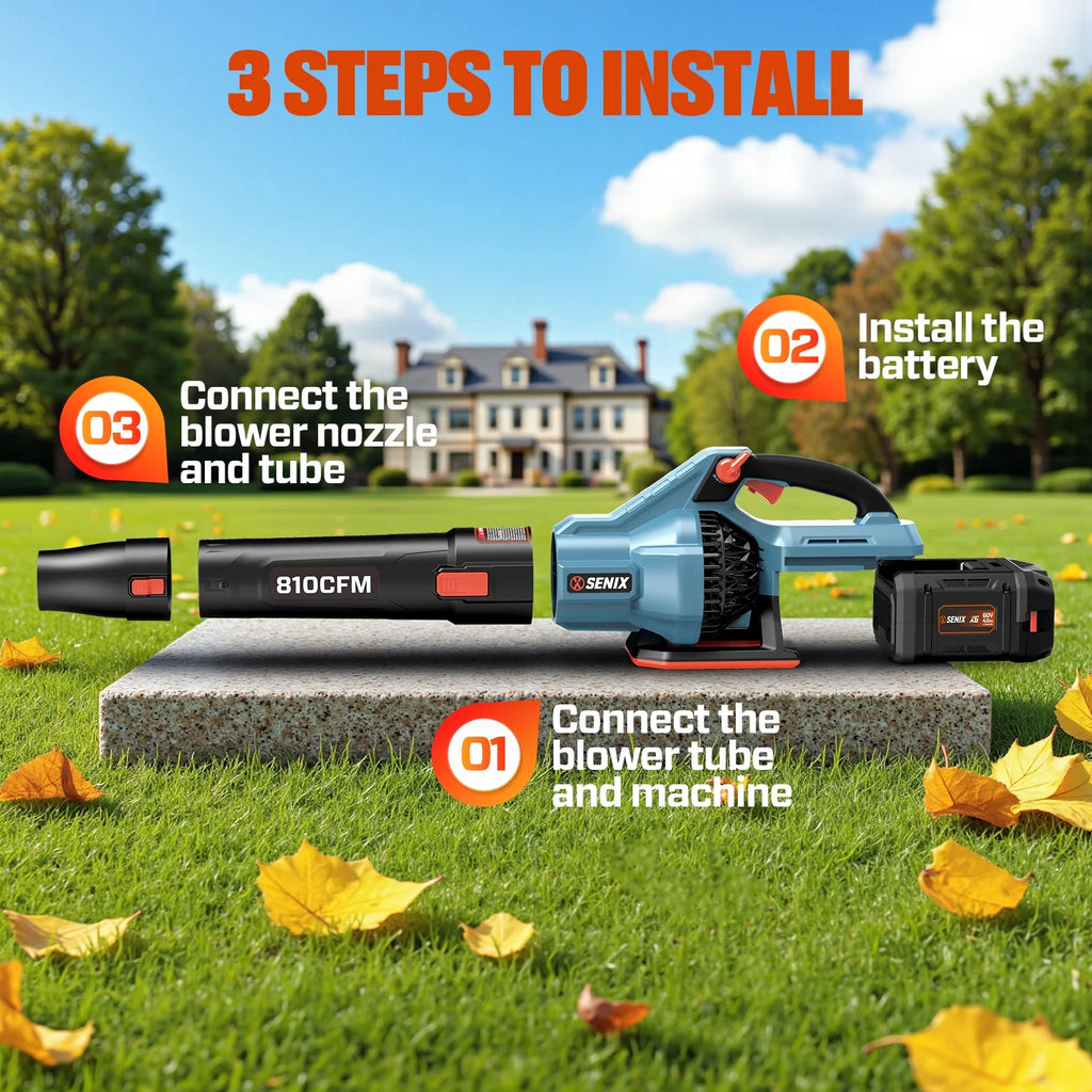 SENIX X6 60V Max* Brushless Cordless Leaf Blower with 4.0 Ah Battery and Charger, Variable Speed Up to 810CFM 170MPH, BLAX6-M1