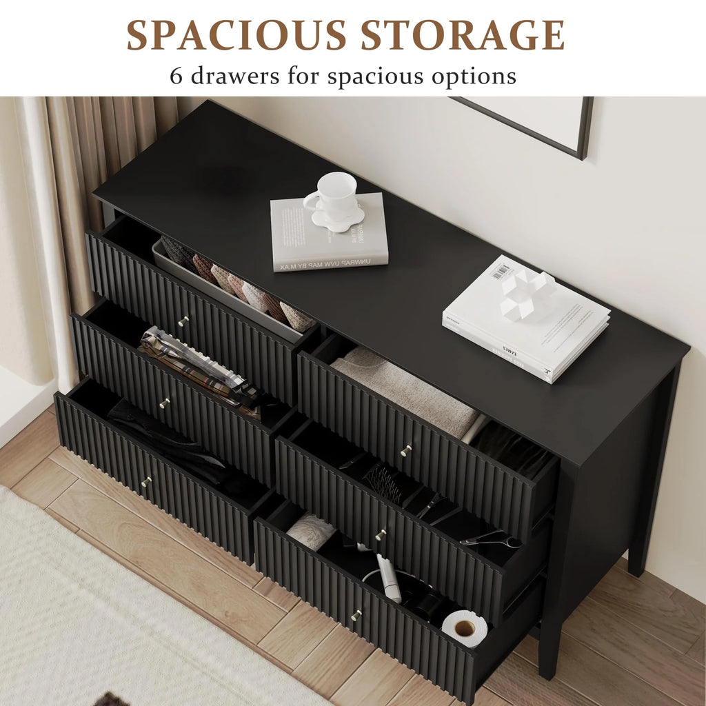 Heynemo Beige 6 Drawer Dresser, Fluted Modern Wood Chest